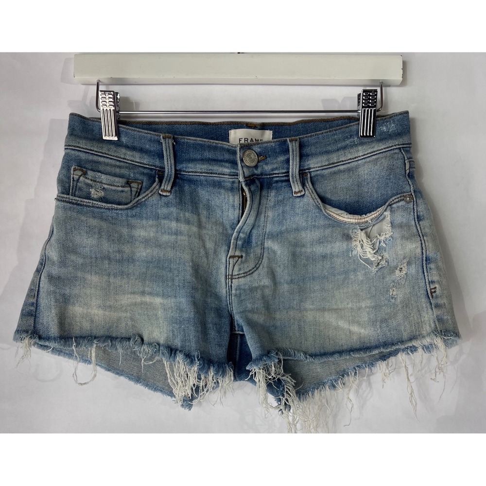 Frame Le Cutoff Alemany Grind Distressed Denim Shorts Light Wash Size 25